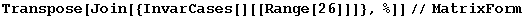 Transpose[Join[{InvarCases[][[Range[26]]]}, %]]//MatrixForm