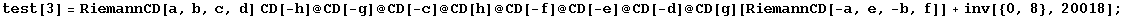 test[3] = RiemannCD[a, b, c, d] CD[-h] @ CD[-g] @ CD[-c] @ CD[h] @ CD[-f] @ CD[-e] @ CD[-d] @ CD[g][RiemannCD[-a, e, -b, f]] + inv[{0, 8}, 20018] ;