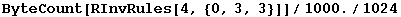 ByteCount[RInvRules[4, {0, 3, 3}]]/1000./1024