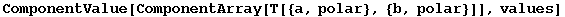 ComponentValue[ComponentArray[T[{a, polar}, {b, polar}]], values]