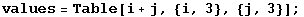 values = Table[i + j, {i, 3}, {j, 3}] ;