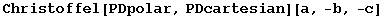 Christoffel[PDpolar, PDcartesian][a, -b, -c]