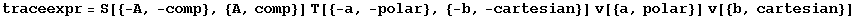 traceexpr = S[{-A, -comp}, {A, comp}] T[{-a, -polar}, {-b, -cartesian}] v[{a, polar}] v[{b, cartesian}]