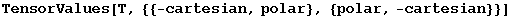 TensorValues[T, {{-cartesian, polar}, {polar, -cartesian}}] 