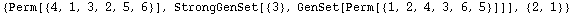 {Perm[{4, 1, 3, 2, 5, 6}], StrongGenSet[{3}, GenSet[Perm[{1, 2, 4, 3, 6, 5}]]], {2, 1}}