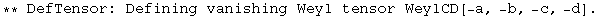 ** DefTensor: Defining vanishing Weyl tensor WeylCD[-a, -b, -c, -d] . 