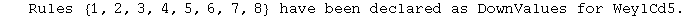    Rules  {1, 2, 3, 4, 5, 6, 7, 8}  have been declared as DownValues for WeylCd5 .