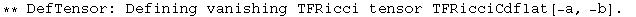 ** DefTensor: Defining vanishing TFRicci tensor TFRicciCdflat[-a, -b] . 