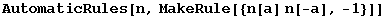 AutomaticRules[n, MakeRule[{n[a] n[-a], -1}]]