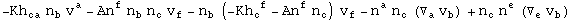 -Kh_ca^   n_b^  v_ ^a - An_ ^f n_b^  n_c^  v_f^ - n_b^  (-Kh_c ^( f) - An_ ^f n_c^ ) v_f^ - n_ ^a n_c^  (▽_a^ v_b^ ) + n_c^  n_ ^e (▽_e^ v_b^ )