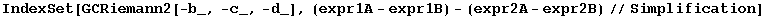 IndexSet[GCRiemann2[-b_, -c_, -d_], (expr1A - expr1B) - (expr2A - expr2B)//Simplification]