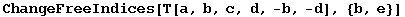 ChangeFreeIndices[T[a, b, c, d, -b, -d], {b, e}]