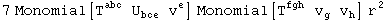 7 Monomial[T_   ^abc U_bce^    v_ ^e] Monomial[T_   ^fgh v_g^  v_h^ ] r_^^2