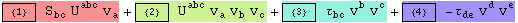 {1}  S_bc^   U_   ^abc v_a^ + {2}  U_   ^abc v_a^  v_b^  v_c^ + {3}  τ_bc^   v_ ^b v_ ^c + {4}   -τ_de^   v_ ^d v_ ^e