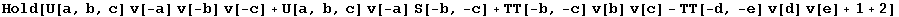 Hold[U[a, b, c] v[-a] v[-b] v[-c] + U[a, b, c] v[-a] S[-b, -c] + TT[-b, -c] v[b] v[c] - TT[-d, -e] v[d] v[e] + 1 + 2]