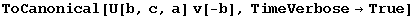 ToCanonical[U[b, c, a] v[-b], TimeVerbose→True]