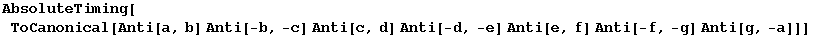 AbsoluteTiming[ToCanonical[Anti[a, b] Anti[-b, -c] Anti[c, d] Anti[-d, -e] Anti[e, f] Anti[-f, -g] Anti[g, -a]]]