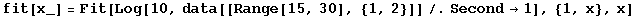 fit[x_] = Fit[Log[10, data[[Range[15, 30], {1, 2}]]/.Second→1], {1, x}, x]