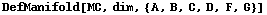 DefManifold[MC, dim, {A, B, C, D, F, G}]